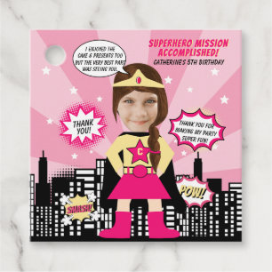Étiquettes Cadeau Superhero Comic Style de livre Girl Birthday Photo