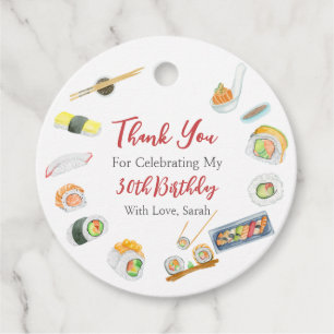 Étiquettes Cadeau Sushi et Sashimi d'anniversaire en aquarelle Merci