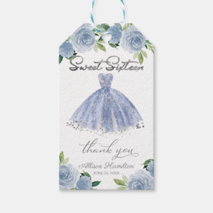 Étiquettes-cadeau Sweet 16 Party Dusty Blue Argent Gown Floral