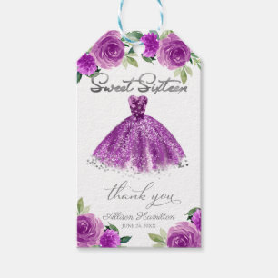 Étiquettes-cadeau Sweet 16 Party Purple Argent Gown Floral