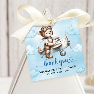 Étiquettes Cadeau Sweet Blue Brown Teddy Bear Pilot Boy Shower
