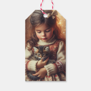 Étiquettes-cadeau Sweet Little Girl and Kitten Christmas