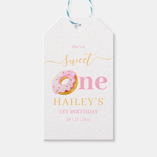 Étiquettes-cadeau Sweet One Donuts Anniversaire Invitation, Filles 1 (Devant)