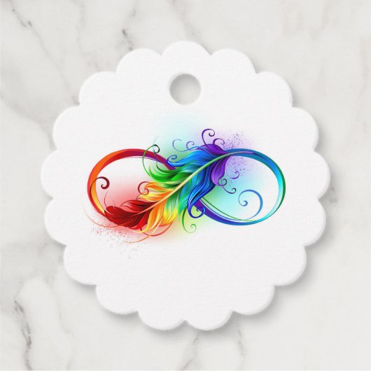 Étiquettes Cadeau Symbole d'infini avec plume arc-en-ciel (Devant)