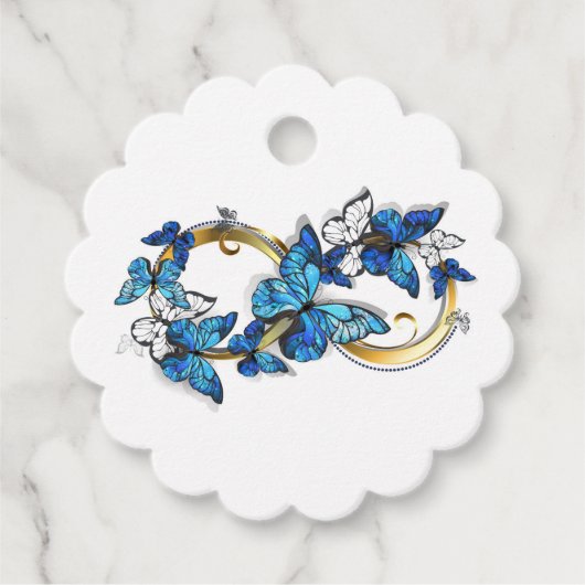 Étiquettes Cadeau Symbole Infini de Papillons Morpho Bleus (Devant)