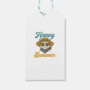 Étiquettes-cadeau T-shirt design vintage gravure chat d'été heureux_