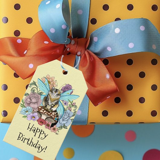 Étiquettes-cadeau Tabby Fairy Cat Mushroom Floral