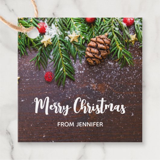 Étiquettes Cadeau Table de Noël rustique avec pin et neige (Devant)