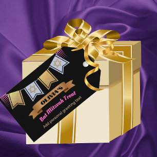 Étiquettes-cadeau Tag cadeau bat mitzvah personnalisé or rose noir