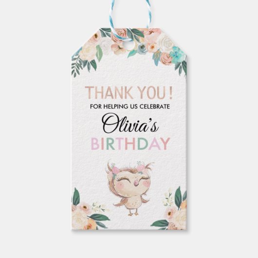 Étiquettes-cadeau Tag d'anniversaire Peachy Owl Favor (Devant)