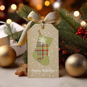 Étiquettes-cadeau Tartan Christmas Stocking vert et rouge ID209