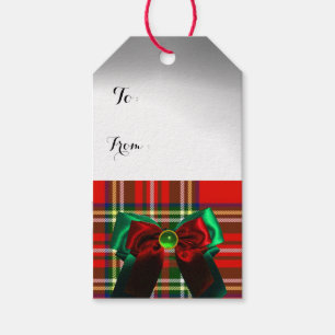 ÉTIQUETTES-CADEAU TARTAN ÉCOSSAIS ROUGE VERT AVEC RUBANS DE NOËL