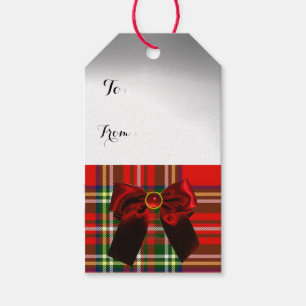 ÉTIQUETTES-CADEAU TARTAN ÉCOSSAIS VERT ROUGE AVEC DES ARCS DE NOËL