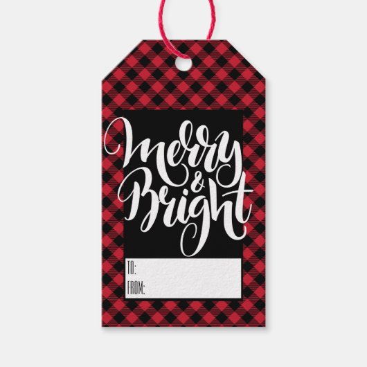 Étiquettes-cadeau Tartan Plaid Joyeux Bright Red Buffalo Noir (Devant)
