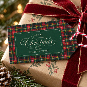 Étiquettes-cadeau Tartan Rouge Carreaux Forêt Verte Joyeux Noël