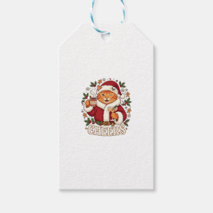 Étiquettes-cadeau Tchin Tchin Noël Chat Orange Chapeau de Père Noël