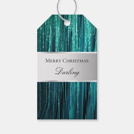 Étiquettes-cadeau Teal Green Glam Glitzy Tinsel Stripes (Devant)
