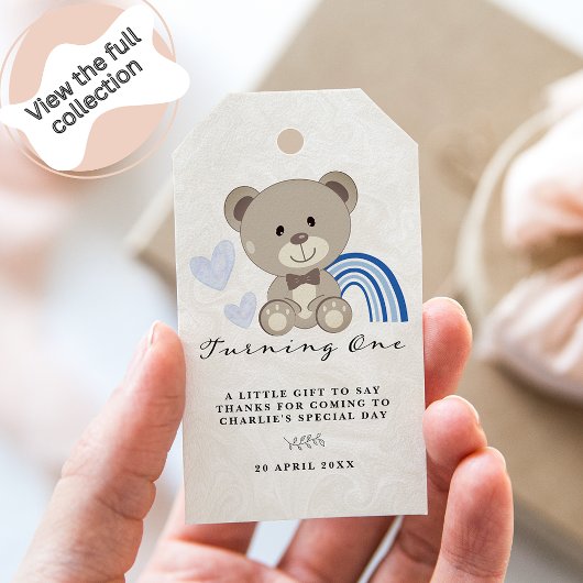 Étiquettes-cadeau Teddy Bear 1er Anniversaire bleu
