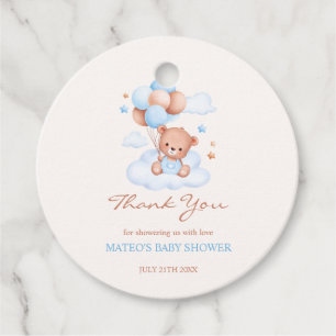 Étiquettes Cadeau Teddy Bear Blue Tan Balloons Baby shower garçon