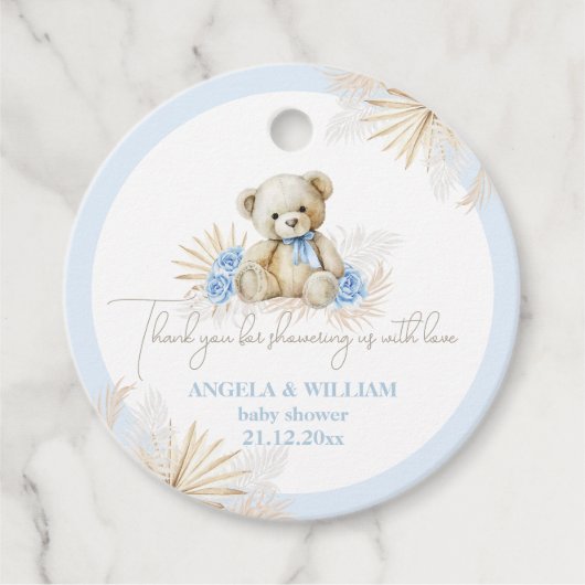 Étiquettes Cadeau Teddy Bear Boho Blue Boy Merci Baby shower (Devant)