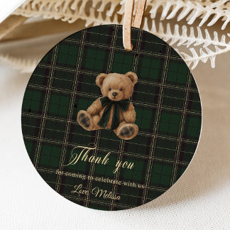 Étiquettes Cadeau Teddy Bear Green Tartan Baby Shower