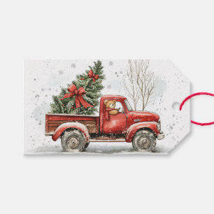 Étiquettes-cadeau Teddy Bear Vieux Camion Rouge Vintage Noël