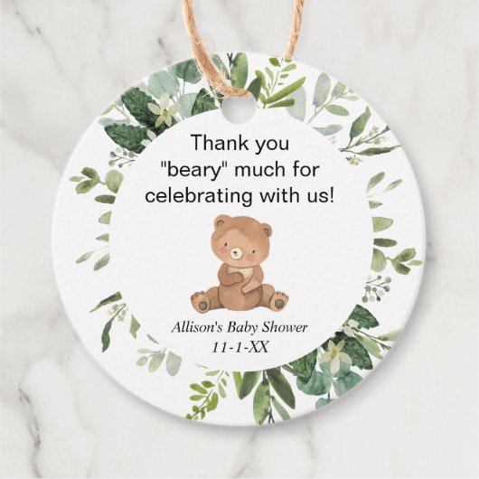 Étiquettes Cadeau Teddy ours verdure baby shower mignon merci (Devant)