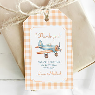 Étiquettes-cadeau Temps Gingham Avion Fête Premier Anniversaire