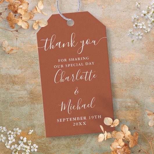 Étiquettes-cadeau Terracotta Script Merci Mariage Faveur