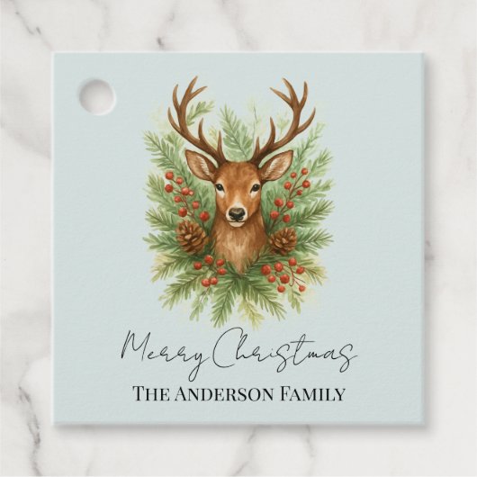Étiquettes Cadeau Tête de cerf de la forêt rustique avec feuillage d (Devant)