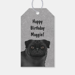 Étiquettes-cadeau Tête de chien Carlin noir en gros plan Joyeux Anni