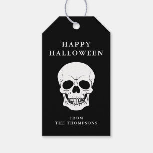 Étiquettes-cadeau Tête de Crâne Blanc Sur Fond Noir Joyeux Halloween