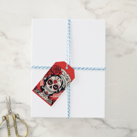 Étiquettes-cadeau Texte personnalisé 💀 Pop Art Calavera rouge et bl (Avec de laficelle)