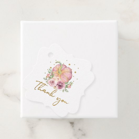 Étiquettes Cadeau Thanksgiving Citrouille Merci d'or rose (En situation)