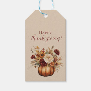 Étiquettes-cadeau Thanksgiving-Watercolor Citrouille et fleurs-