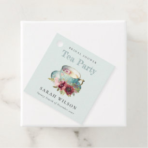 Étiquettes Cadeau Théière Florale Or Sarcelle Fête de Thé Mariage