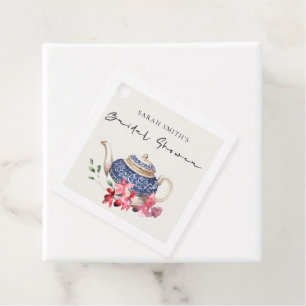 Étiquettes Cadeau Théière rouge bleue florale fête de thé de mariage