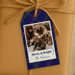 Étiquettes-cadeau Timeless Navy Blue Plaid Photo Joyeux & Lumineux