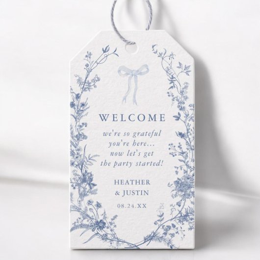 Étiquettes-cadeau Toile Blue Bow Floral Mariage Bienvenue