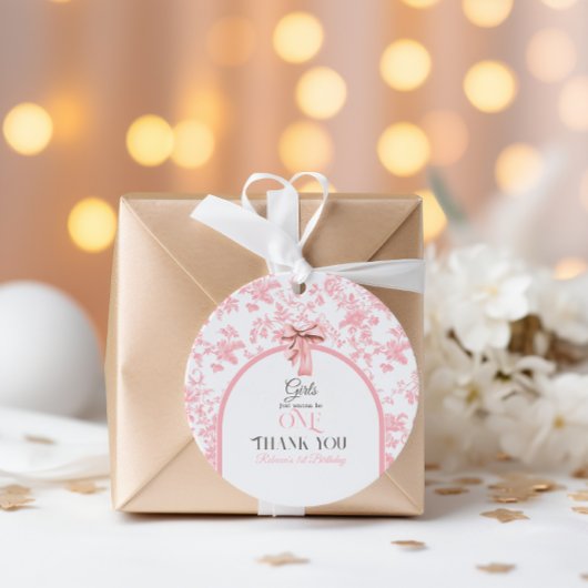 Étiquettes Cadeau Toile de Jouy Bow rose Premier Décor d'anniversair