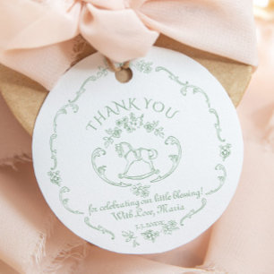 Étiquettes Cadeau Toile de Jouy Cheval à Bascule Vert Sauge Baby Sho