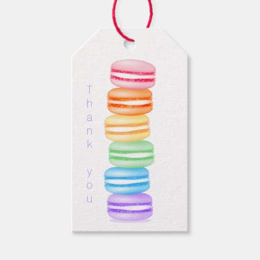 Étiquettes-cadeau topsy turvy rainbow macarons merci (Devant)