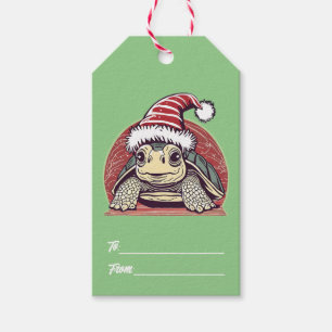 Étiquettes-cadeau Tortue de Noël portant un chapeau de Père Noël mig