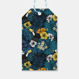 Étiquettes-cadeau Toucans et flore tropicale, bleu, jaune, orange