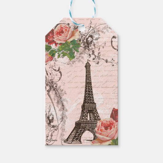 Étiquettes-cadeau Tour Eiffel Rose Rouge Roses Français Script (Devant)