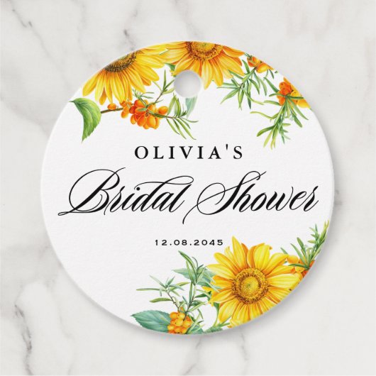 Étiquettes Cadeau Tournesol Jaune et Shower de Mariage à l'Argousier (Devant)