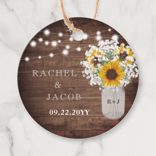 Étiquettes Cadeau Tournesol Monogramme Lumières Jar Mariage rustique (Devant)