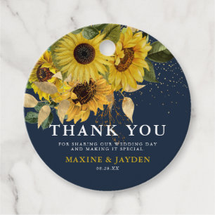 Étiquettes Cadeau Tournesol rustique Marine & Mariage or Merci