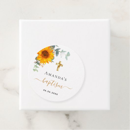 Étiquettes Cadeau Tournesol vert eucalyptus Baptism (En situation)