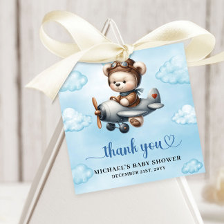 Étiquettes Cadeau Trendy Blue Brown Teddy Bear Aviator Baby Shower